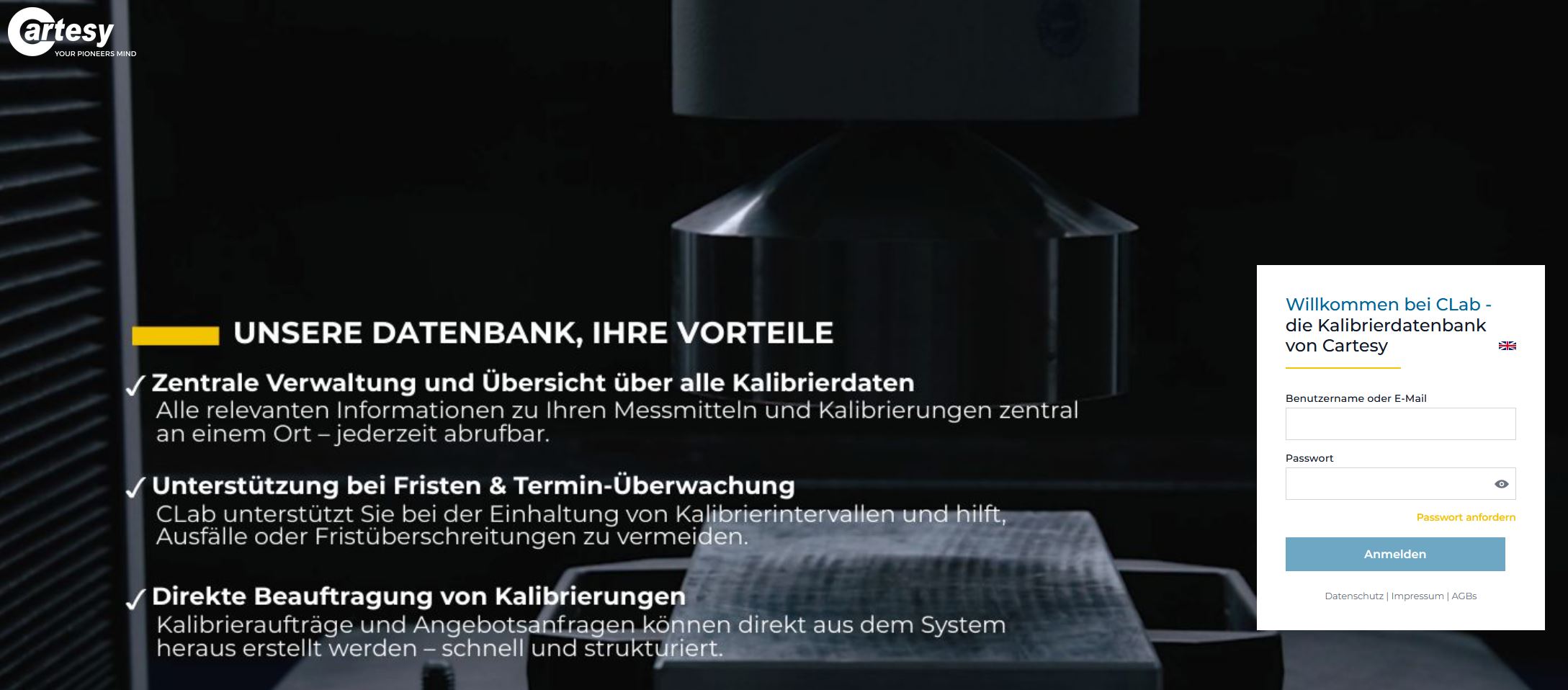 Screenshot von CLab Kalibrierdatenbank Login-Seite