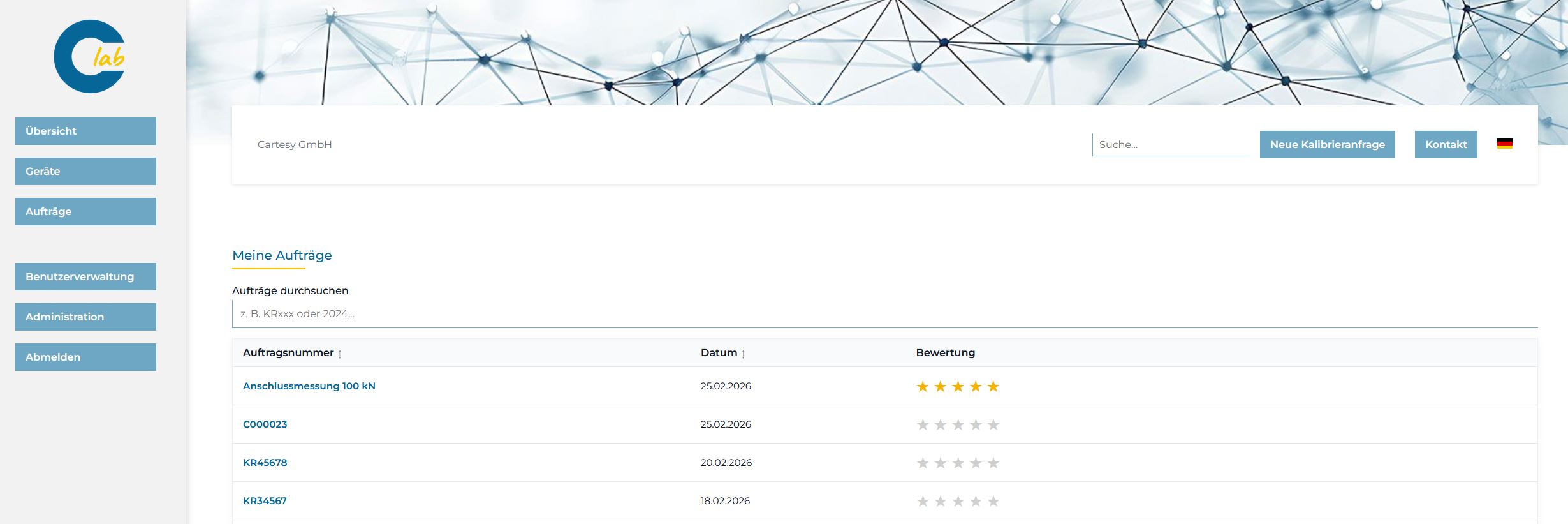 Screenshot der Kategorie Meine Aufträge in CLab Kalibrierdatenbank
