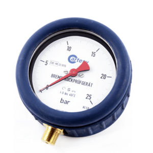 Cartesy pressure gauge with red pointer, white dial, rubber protective cap and brass connection, scale up to 25 bar